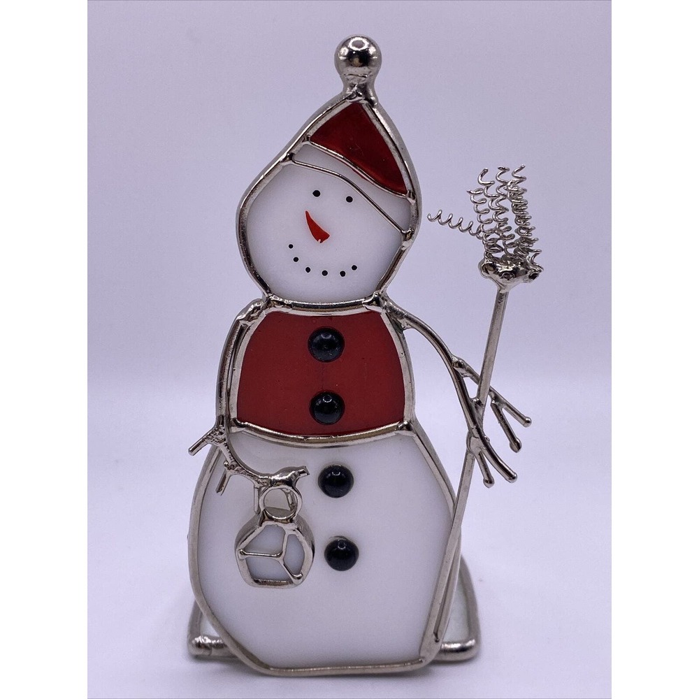 Decorative Stained Glass Snowman With Broom VOTIVE Tea Light CANDLE HOLDER - Picture 1 of 6